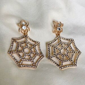 Rhinestone Spiderweb Earrings Gold Tone 2.25”